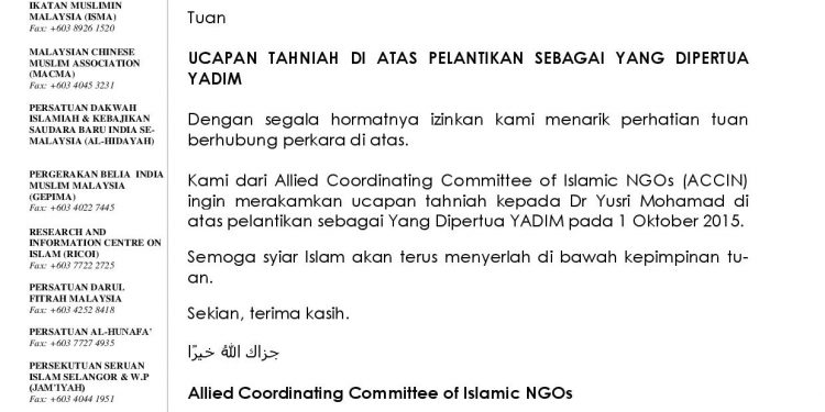UCAPAN TAHNIAH DI ATAS PELANTIKAN SEBAGAI YANG DIPERTUA YADIM
